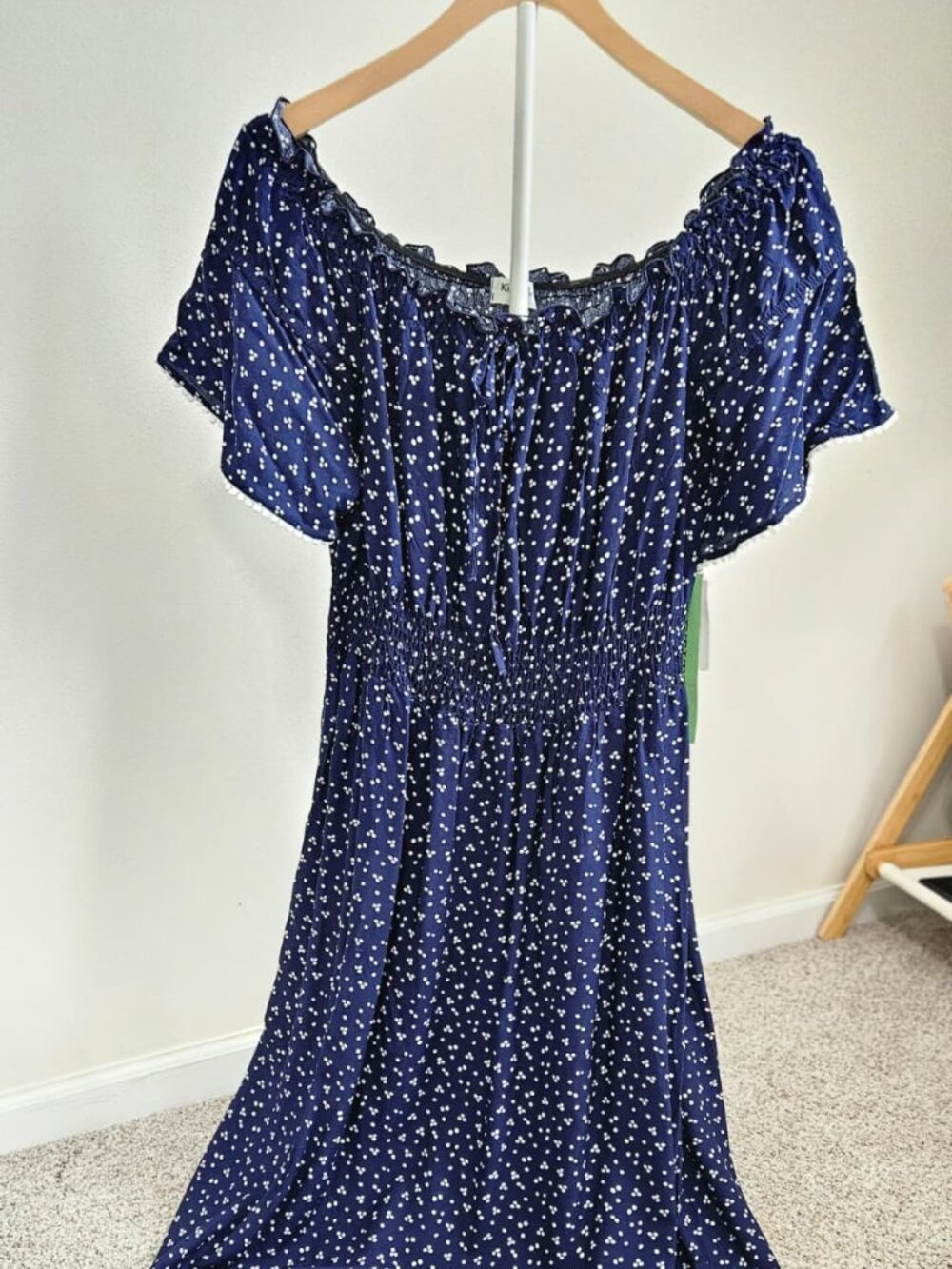 Kindred Petite Navy White Dot Off Shoulder Maxi Dress PL NWT Flaw